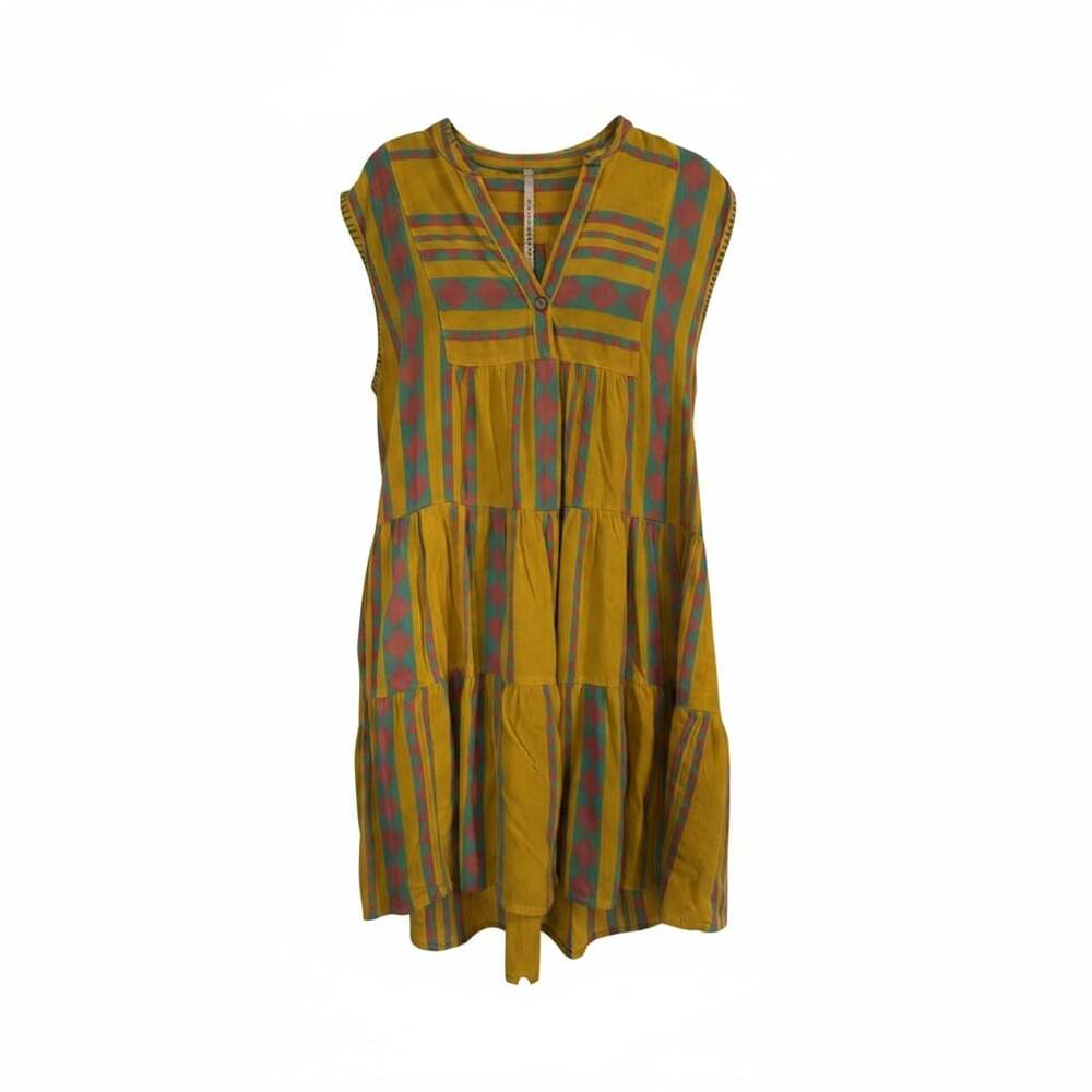 Uncle Frank Yellow Geometric Tiered Sleeveless Dress Size M